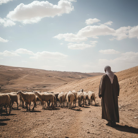 A shepherd dressed in traditional attire leads a flock of sheep across a dry hilly terrain under a blue sky with scattered clouds.の素材