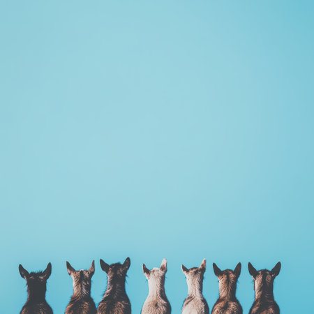 A group of six dogs sit together gazing up towards a bright blue sky enjoying a peaceful moment outdoors.の素材