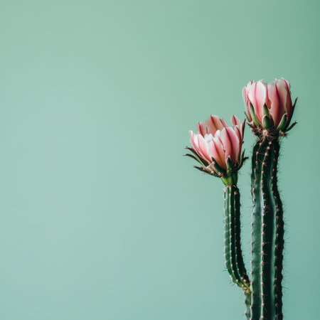 A tall cactus with vibrant pink flowers stands against a light green backdrop showcasing natures beauty in a simple indoor setting.の素材