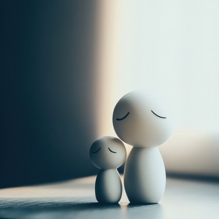 Two minimalist figures stand together one larger and one smaller basking in gentle sunlight that creates a warm and peaceful atmosphere.の素材