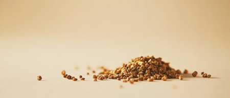 Close up view of a small pile of seeds displayed on a smooth surface under soft lighting showcasing their texture and color.の素材