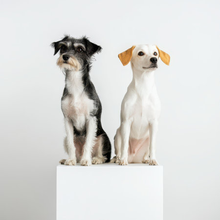 Two well groomed dogs pose side by side on a white pedestal in a bright indoor setting showcasing their unique features and personalities.の素材