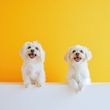 Two small white dogs sit happily on a ledge their joyful expressions contrasting against a bright yellow wall.の素材