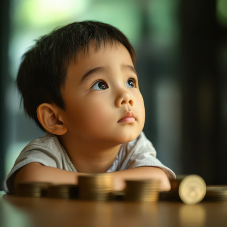 A young boy with short hair gazes thoughtfully while resting on a table with coins as he ponders the value of money.の素材