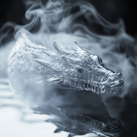 A detailed crystal dragon head rests on a reflective surface partially obscured by soft swirling mist and smoke.の素材