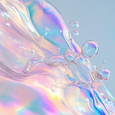 Translucent bubbles drift gracefully through a soft iridescent backdrop creating a whimsical and serene atmosphere full of pastel colors.の素材