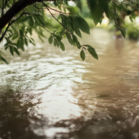 Raindrops linger on leaves above still water reflecting a serene landscape after a recent downpour in a tranquil natural setting.の素材