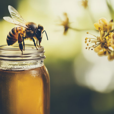A honey bee gathers nectar from a glass jar filled with honey while flowers bloom in the background during daylight hours.の素材