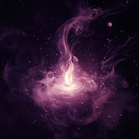 Swirling purple and pink cosmic cloud with a bright spark at the center creates an enchanting and mysterious space scene in a dark backdrop.の素材