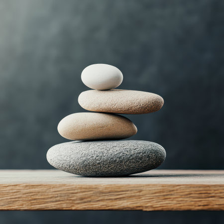 A serene arrangement of four stones in various shades is balanced atop one another on a wooden surface promoting tranquility and focus.の素材