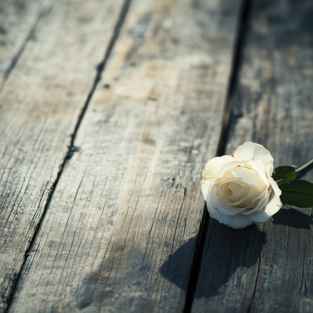 A delicate white rose lies on a weathered wooden table casting a soft shadow in the warm light of the afternoon.の素材
