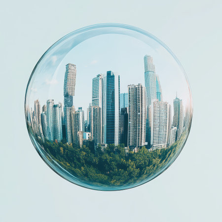 A bubble captures a reflection of a modern city skyline next to lush green trees under a clear blue sky during daylight.の素材