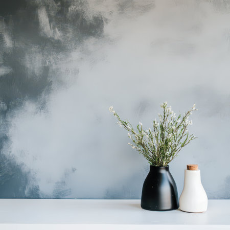 Two minimalist vases are arranged stylishly on a table showcasing fresh flowers against a textured gray wall.の素材
