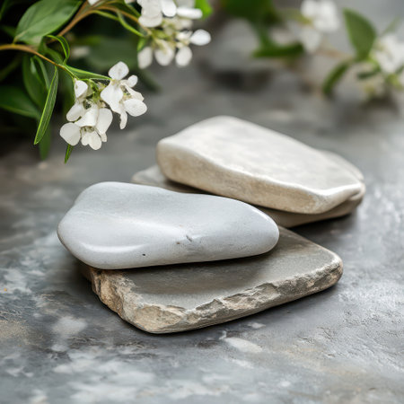 Three smooth stones are artistically arranged with delicate white flowers on a textured tabletop creating a serene and calming ambiance.の素材