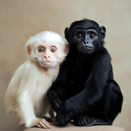 Two young monkeys one with white fur and the other with black fur sit side by side in a studio showcasing their unique features and expressions.の素材