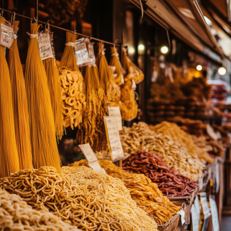 Colorful strands and shapes of pasta hang in a lively market. Various types are stacked below creating a rich and inviting atmosphere for shoppers.の素材