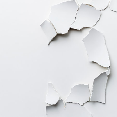 Torn pieces of white paper create an interesting texture revealing the underlying surface. The contrast highlights the edges and shadows.の素材