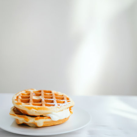Crisp waffles stacked with creamy filling sit on a white plate highlighted by soft natural light in a bright setting.の素材