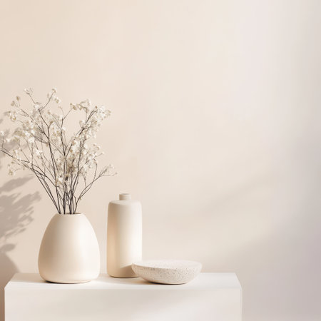 A serene display of minimalist decor featuring white vases delicate dried flowers and unique pottery on a light surface.の素材
