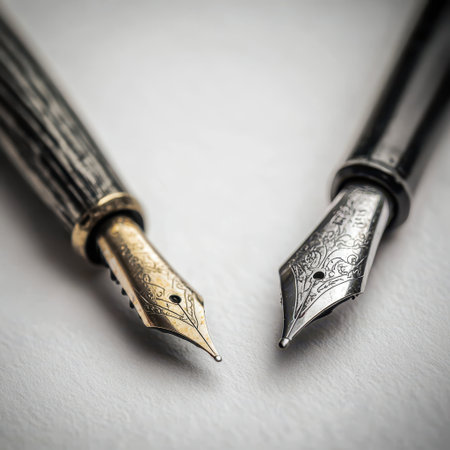 Two finely crafted fountain pens showcase unique nibs one in gold and the other in silver highlighting their exquisite detailing and craftsmanship.の素材