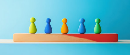 Five brightly colored wooden figures are neatly lined up on a shelf against a blue background showcasing playful design and vibrant hues.の素材