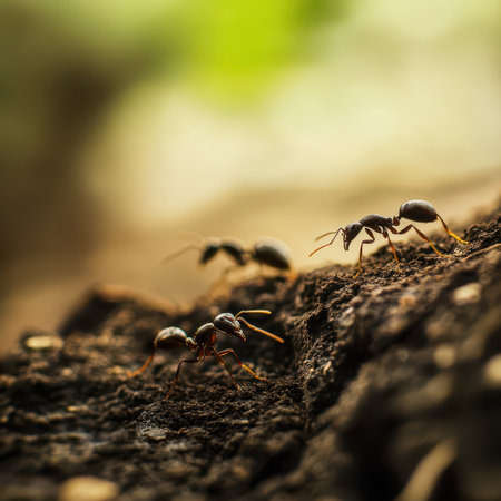 Small ants are busy foraging along the surface of the soil in a natural setting. Sunlight filters through leaves highlighting their activity.の素材