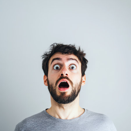 A man with a beard looks shocked his eyes wide open and mouth agape expressing astonishment in a plain light background.の素材