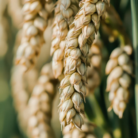 Close up view of ripe wheat heads swaying gently in the breeze highlighting the grains textures and golden color under warm sunlight.の素材