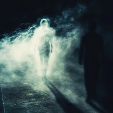 Two silhouettes emerge from a dense fog on a quiet night creating an eerie and captivating atmosphere for onlookers.の素材