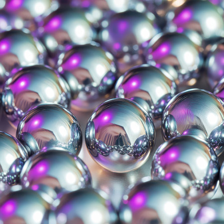 Shiny metallic spheres are arranged closely together reflecting vibrant colors in a visually engaging pattern emphasizing texture and design.の素材