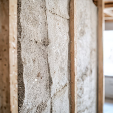 A section of a wall under construction showcasing the rough texture of the material and wooden framing elements.の素材