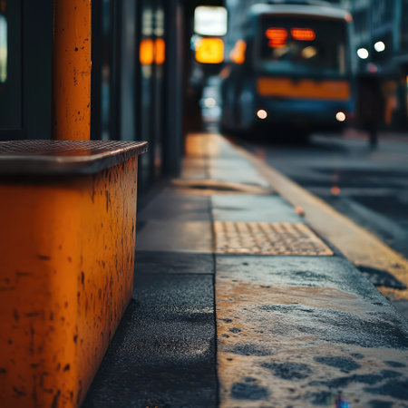 Rain soaked pavement reflects city lights as a bus approaches a busy stop during a cloudy afternoon in an urban area.の素材
