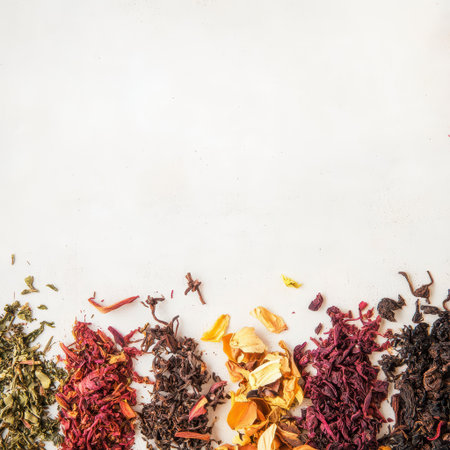Various dried herbs and flower petals are beautifully spread out showcasing a vibrant array of colors and textures on a neutral background.の素材