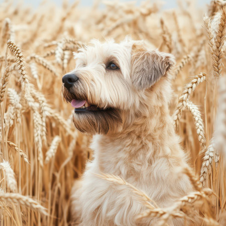 A fluffy dog stands among tall golden wheat stalks during a sunny day showcasing joy and curiosity in a serene outdoor setting.の素材