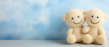 Two soft teddy bears with smiling faces sit together on a wooden surface against a blue background creating a warm and cheerful atmosphere.の素材