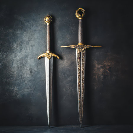 Two swords with intricate designs and decorative handles rest against a textured dark surface showcasing unique craftsmanship and detail.の素材