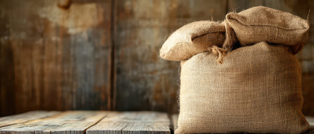 Bags made of burlap are neatly stacked on an aged wooden table creating a cozy and rustic atmosphere in the setting.の素材