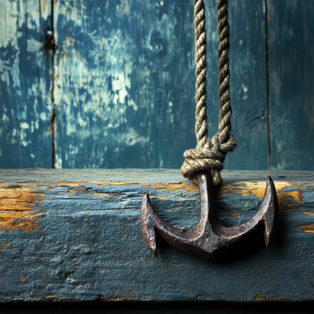 A weathered anchor is suspended by a thick rope against a rustic wooden background showcasing textures of age and use.の素材