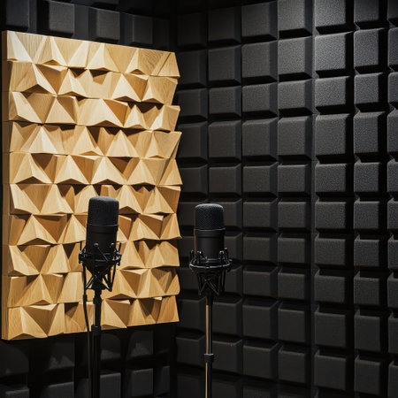 Two microphones are placed in a soundproof studio featuring unique wall panels designed for acoustic treatment ready for recording.の素材