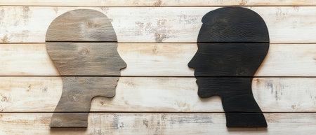 Silhouettes of human profiles on wooden backgroundの素材