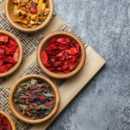 Colorful spices arranged in bowls on a wooden trayの素材