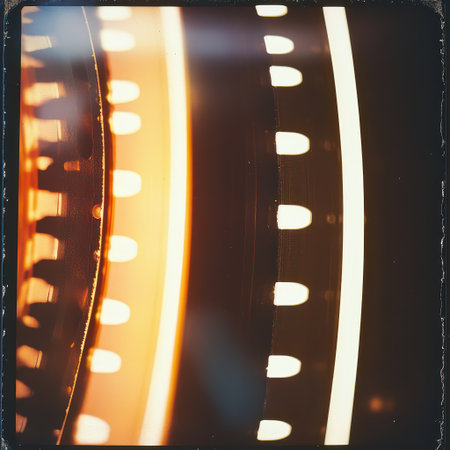 A detailed view of a film reel showcasing bright light patterns highlighting the details and textures of the film.の素材