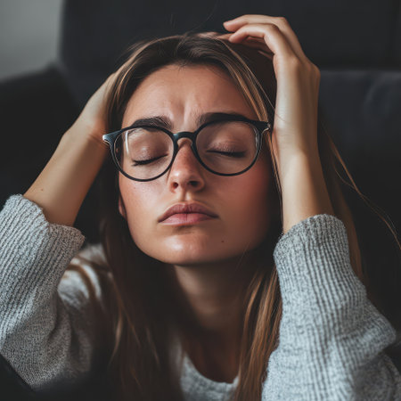 A young woman with long hair and glasses shows visible signs of frustration while resting her head against her hands at home.の素材