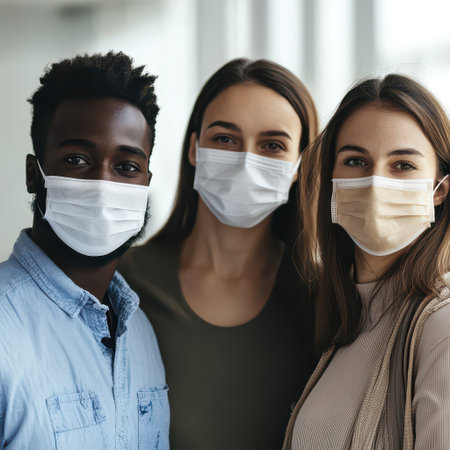 Three friends sharing a joyful moment indoors while wearing masks showcasing diversity and camaraderie in a bright and open space.の素材
