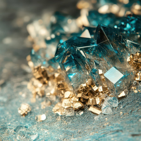 Vibrant blue crystals and shimmering golden mineral clusters rest on a rocky surface showcasing natures intricate beauty and diversity.の素材