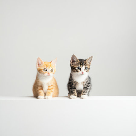 Two playful kittens sit side by side on a white ledge curiously gazing ahead with expressive eyes in a bright indoor space.の素材