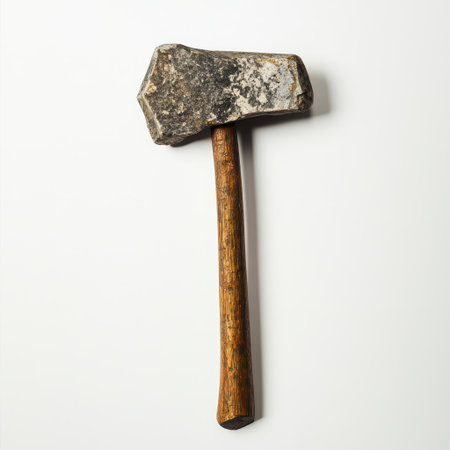 A heavy stone mallet rests on a white surface showcasing its rugged texture and sturdy wooden handle typical of traditional tools.の素材