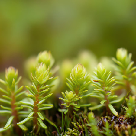 Small green moss plants thrive on the forest floor reflecting the vivid colors and life of springtime in a natural environment.の素材