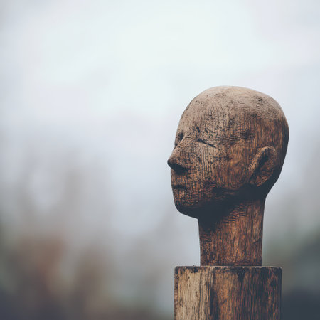 A carved wooden figure with a smooth surface stands alone outdoors silhouetted against a cloudy overcast sky creating a contemplative atmosphere.の素材
