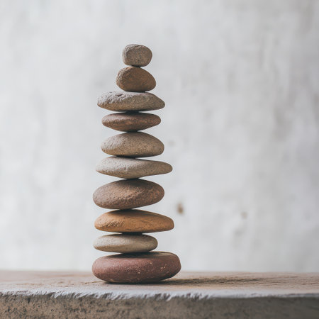 Carefully stacked stones create a tall tower representing balance and tranquility against a textured light background showcasing natural colors.の素材